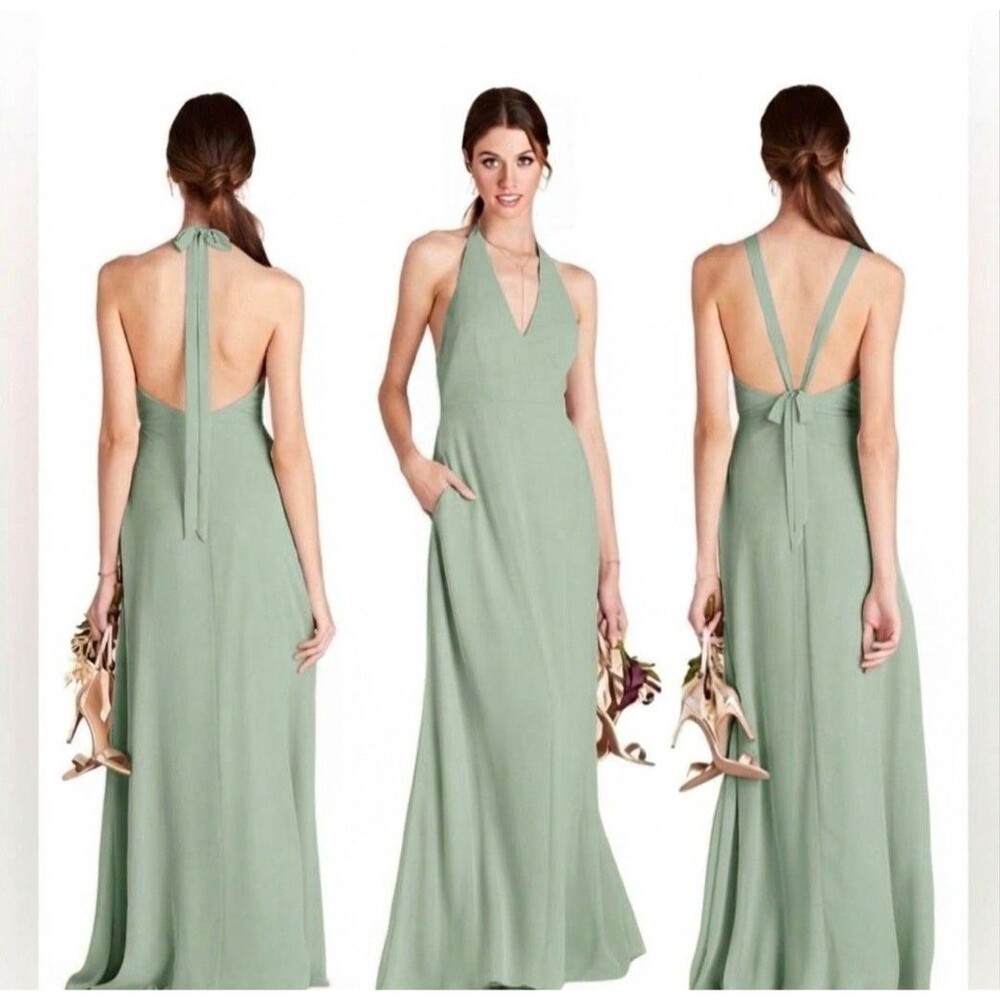 Birdy Grey Moni V-Neck Halter Maxi Dress Sage Green S Bridesmaid Chiffon Pockets